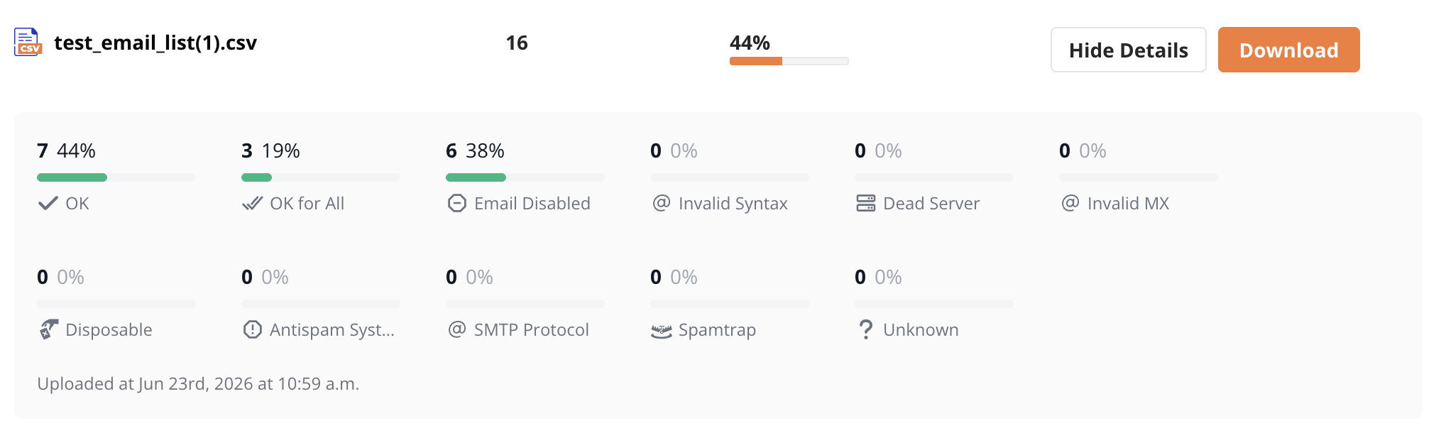 EmailListVerify verification results screenshot 1